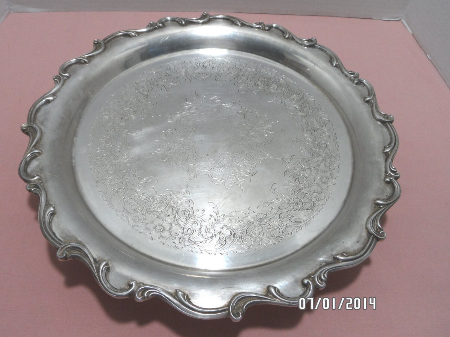 Serving Tray Silver Plated Footed Floral Design Ornate Edges Vintage