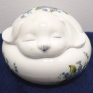 Sleeping Puppy Trinket Box White Porcelain with a Blue Floral Design