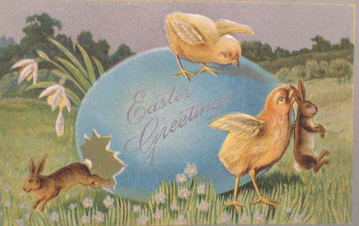 1910 Easter Postcard Rabbit Chicks Egg Embossed Posted Divided