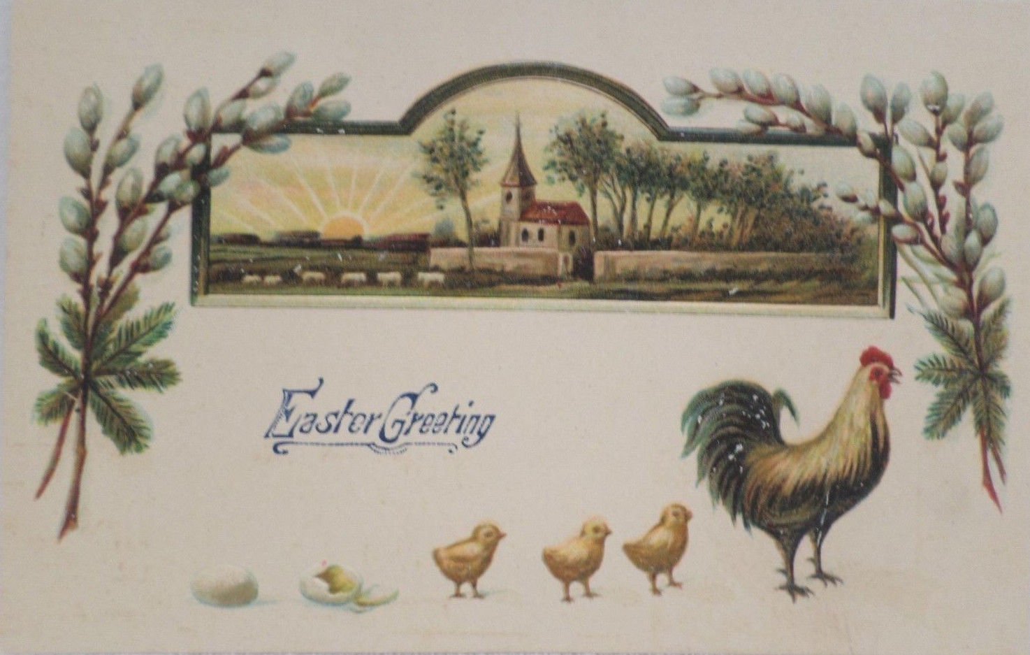 Antique Easter Postcard Baby Chicks Rooster Embossed Unposted Divided
