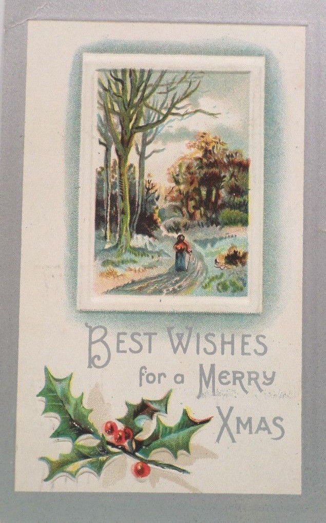 1910 Christmas Postcard Country Scene Holly Embossed Posted Divided