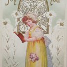 Antique Easter Postcard Little Girl Lilies Embossed Posted Divided