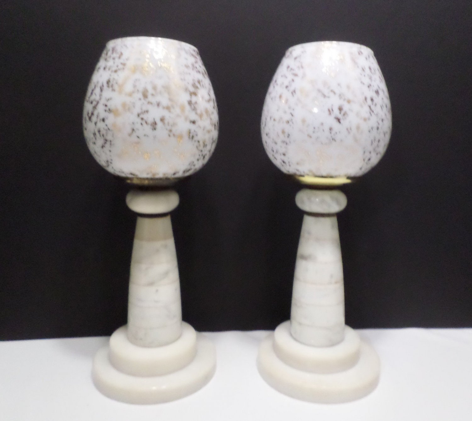 Two Candle Holder Lamps Marble Base White Glass Candle Holders