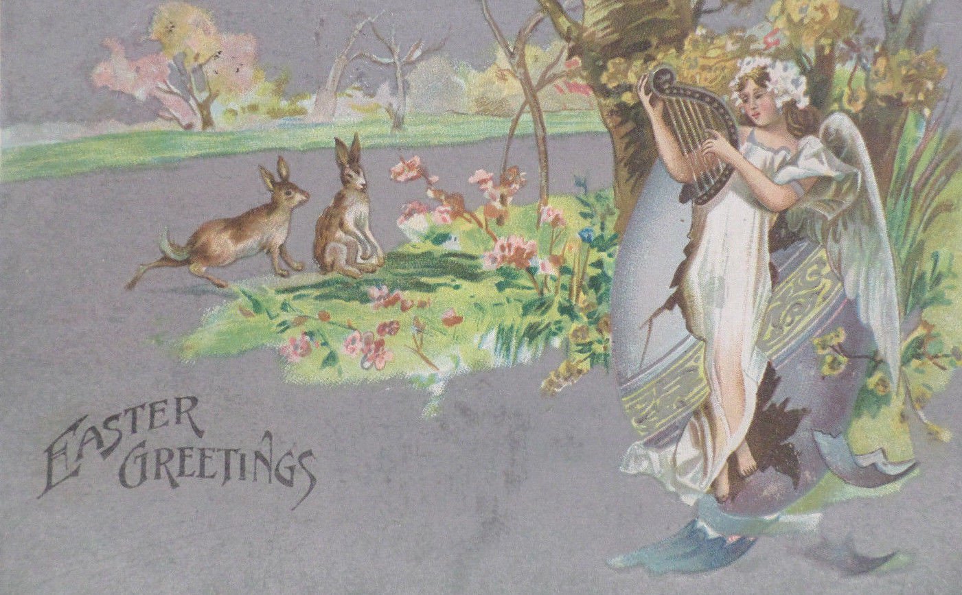 Antique Easter Postcard Rabbits Embossed Posted Divided