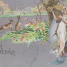 Antique Easter Postcard Rabbits Embossed Posted Divided