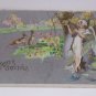 Antique Easter Postcard Rabbits Embossed Posted Divided
