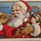 Christmas Postcard Santa Claus Blowing a Trumpet Embossed