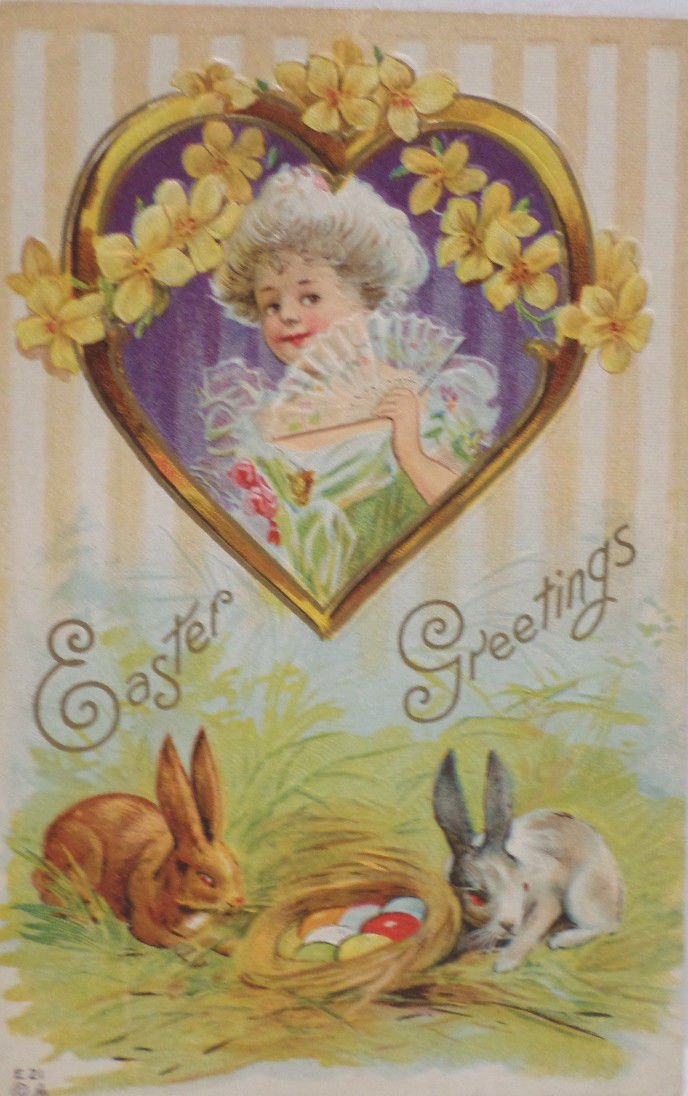 Antique Easter Postcard Rabbits and Colored Eggs unposted Divided Embossed