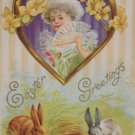 Antique Easter Postcard Rabbits and Colored Eggs unposted Divided Embossed