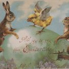 1907 Easter Postcard Rabbits and Chick Dancing on Easter Egg Posted Divided