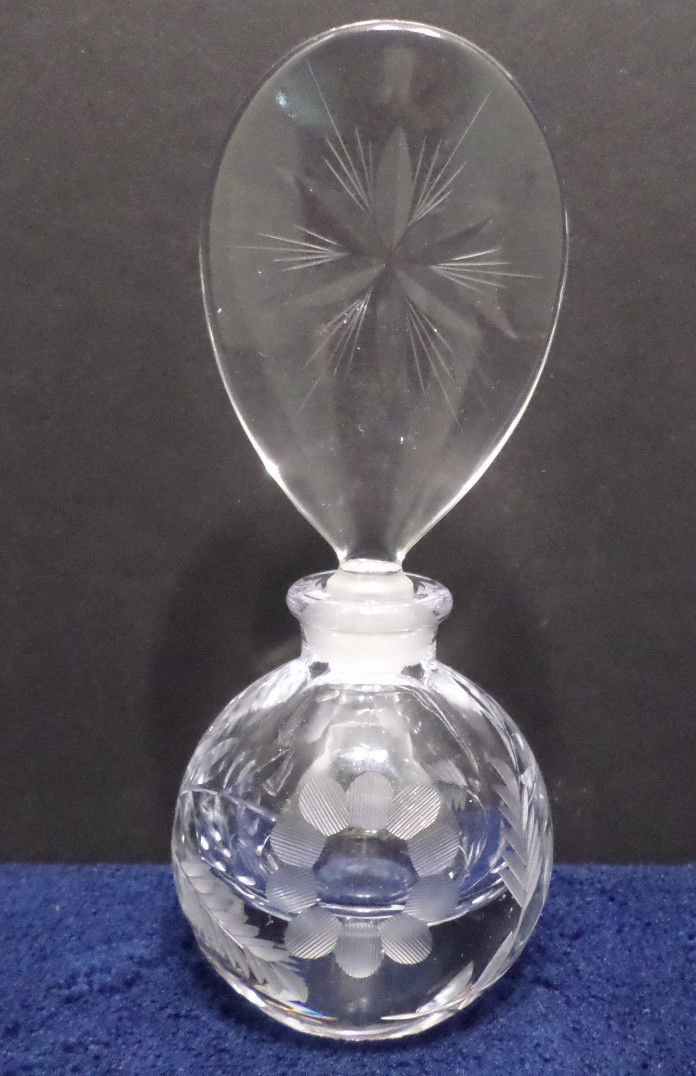 Vintage Perfume Bottle Crystal with Cut Flower and Leaf Design
