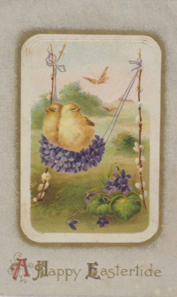 Antique Easter Postcard Two Baby Chicks Swinging on Swing Posted Divided