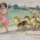 Antique Easter Postcard Little Girl blowing a horn Baby Chicks Following