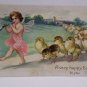 Antique Easter Postcard Little Girl blowing a horn Baby Chicks Following