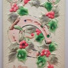 Christmas Postcard Horse Shoe and Holly Embossed Unposted Divided