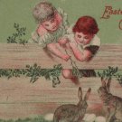 Antique Easter Postcard Children Rabbits Eggs Unposted Divided