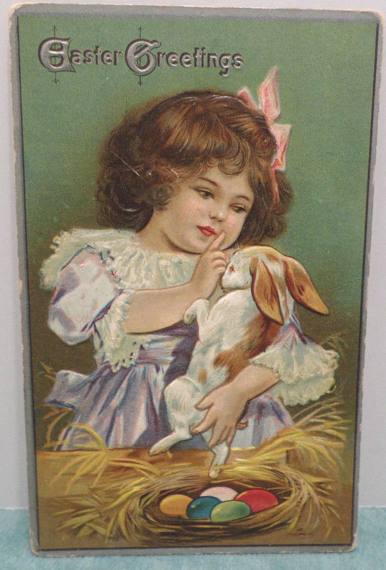 Antique Easter Postcard Rabbit Colored Eggs Embossed Unposted Divided
