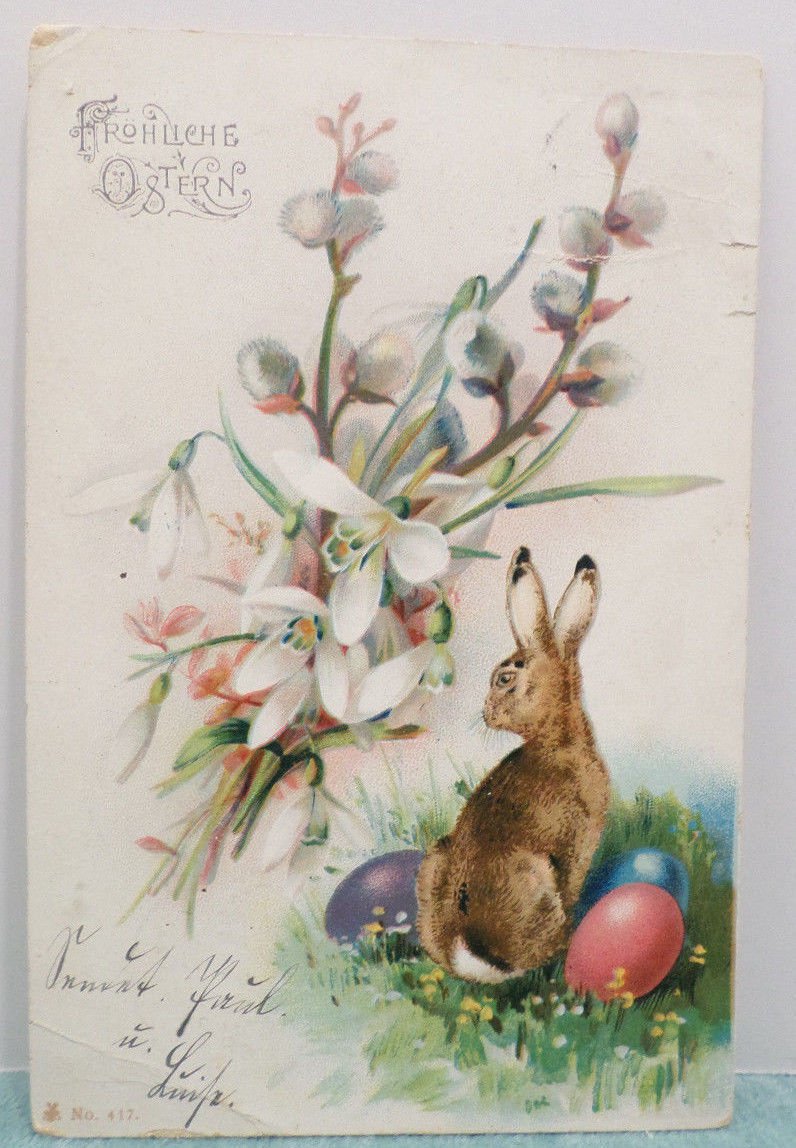 Antique Easter Postcard Rabbit Colored Eggs Posted Undivided