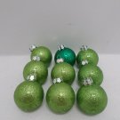 Christmas Tree Ornaments Green Glitter Plastic Bulbs Nine Pieces