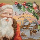 1911 Christmas postcard Santa Claus red coat brown trim embossed posted divided