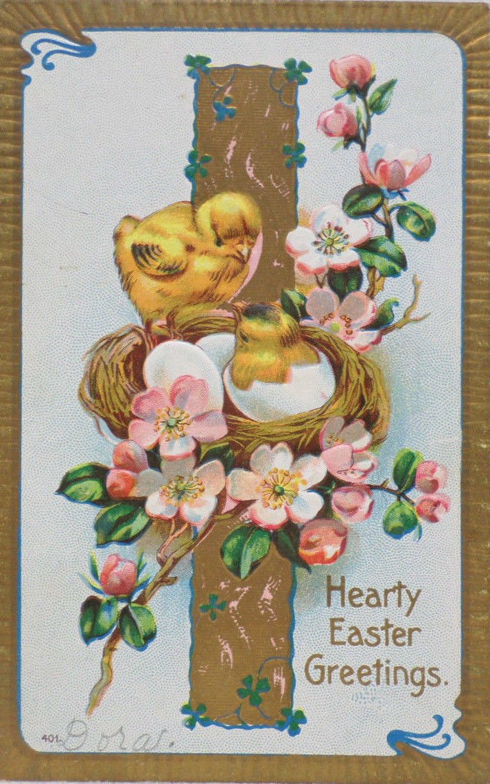 Antique Easter Postcard Chicks Hatching out of Eggs in Nest Floral Design