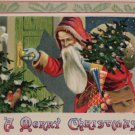 1909 Christmas postcard Santa Claus going through door with tree and presents