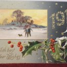 Antique New Year Postcard Holly Germany Posted Embossed Divided 1909