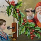 Christmas Postcard Santa Claus Talking on Telephone with Little Boy made in US