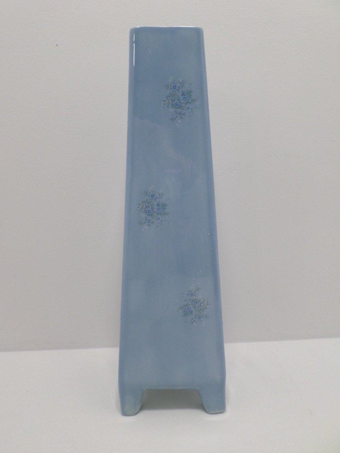 Flower Vase Blue Pottery Floral Designl Square with Legs Very Tall