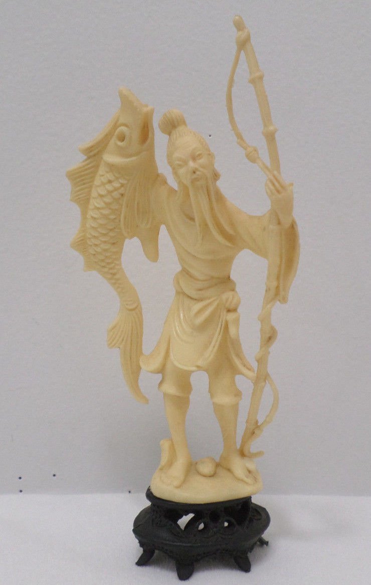 Oriental Asian Plastic Figurine Man Holding Up A Fish