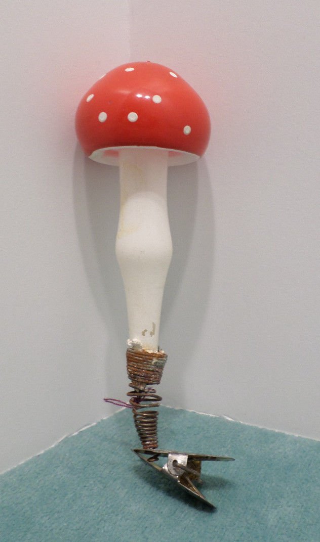 Antique Christmas Tree Ornament Glass Mushroom on a Clip