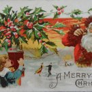 Antique Christmas Postcard Santa Claus Talking on Telephone to Little Girl