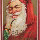 Christmas postcard Santa Claus green gloves smoking a pipe embossed unposted