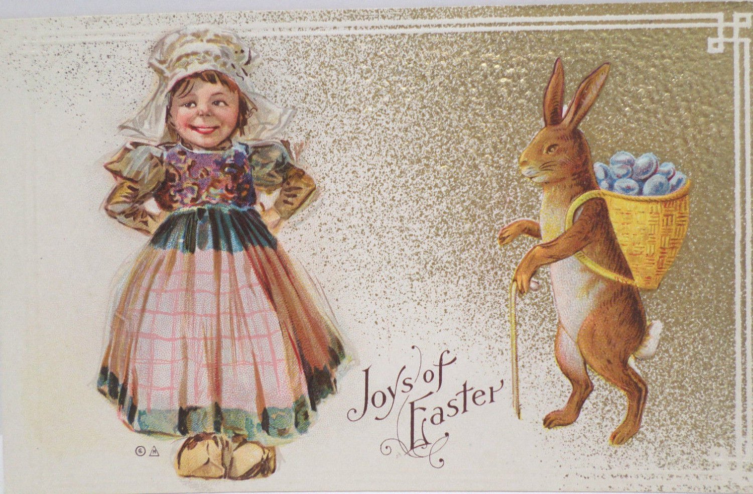 Antique Easter Postcard Humanized Rabbit Cute Little Dutch Girl Embossed