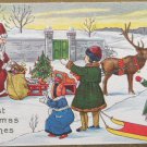 Christmas Postcard Santa Claus Giving Toys to Children made in the USA