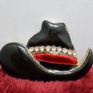 Brooch Gold Tone Metal Cowboy Hat Black and Red with Clear Rhinestones