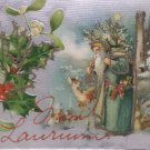 Antique Christmas postcard Santa Claus Wearing Green Carrying Tree Germany