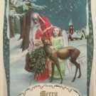 Christmas postcard Santa Claus walking with an Angel and a reindeer unposted