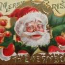 Antique Christmas Postcard Santa Claus Holly Berries Embossed Posted Divided