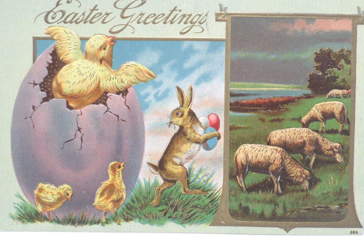 Easter Postcard Humanized Rabbit Running Away with Easter Eggs and Chicks
