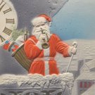 Antique Christmas Postcard Santa Claus Standing by Clock Blowing Horn Germany