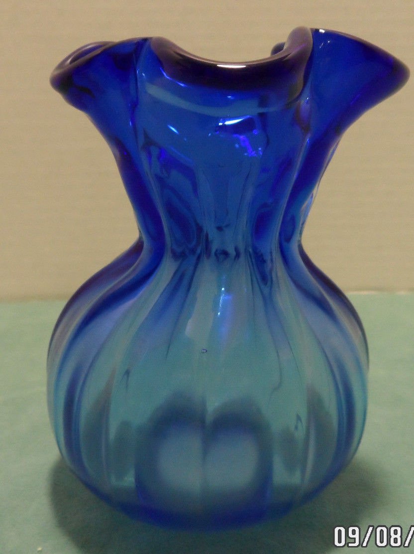 Cobalt Blue Thick Glass Vase with a Ruffled Rim and Bulbous Body