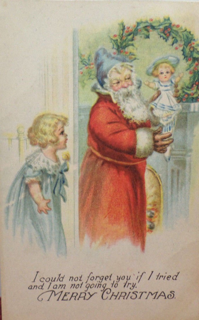 Antique Christmas postcard Santa Claus Wearing Red Coat with Blue Hat Has a Doll