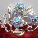 Brooch or Pin Silver Tone Metal with Blue Aurora Borealis Rhinestones
