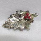 Brooch or Pin Silver tone metal Christmas Holly with three Red Rhinestones