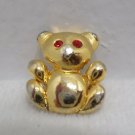 Brooch or Pin Gold Tone Metal Bear with Red Rhinestone Eyes