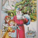 Antique Christmas Postcard Santa Claus Wearing Blue Hat with Blue Sack Angel