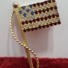 Womens Brooch United States Flag Gold Tone Metal with Red White Blue Rhinestones