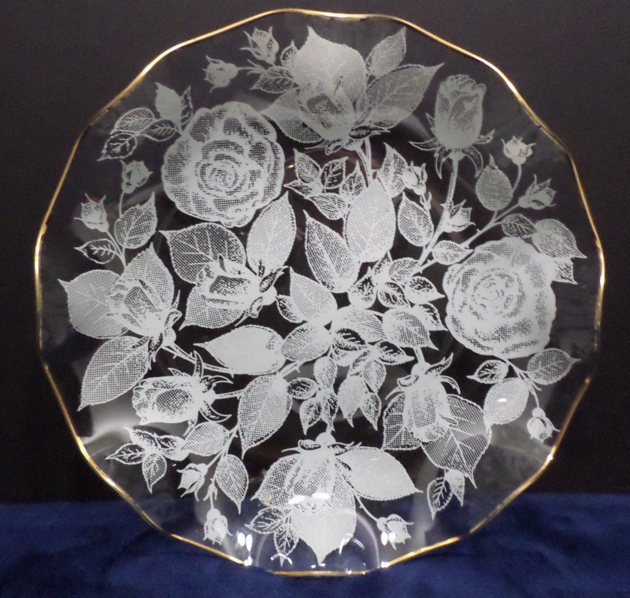 Round Serving Tray Platter Clear Glass with White Flowers Gold Scalloped Rim