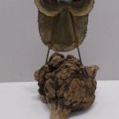 Vintage Brass Owl with Glass Eyes Sitting on a Wood Burl